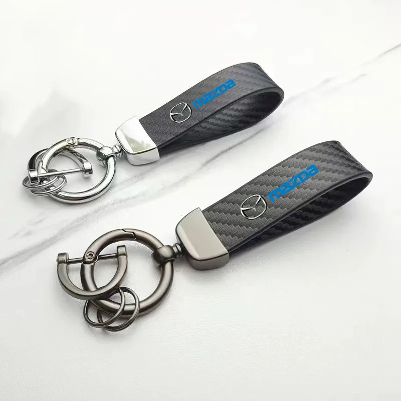 

For MAZDA Carbon Fiber Pattern Leather Horseshoe Buckle Car Logo Creative Custom Key Ring Car Accessories