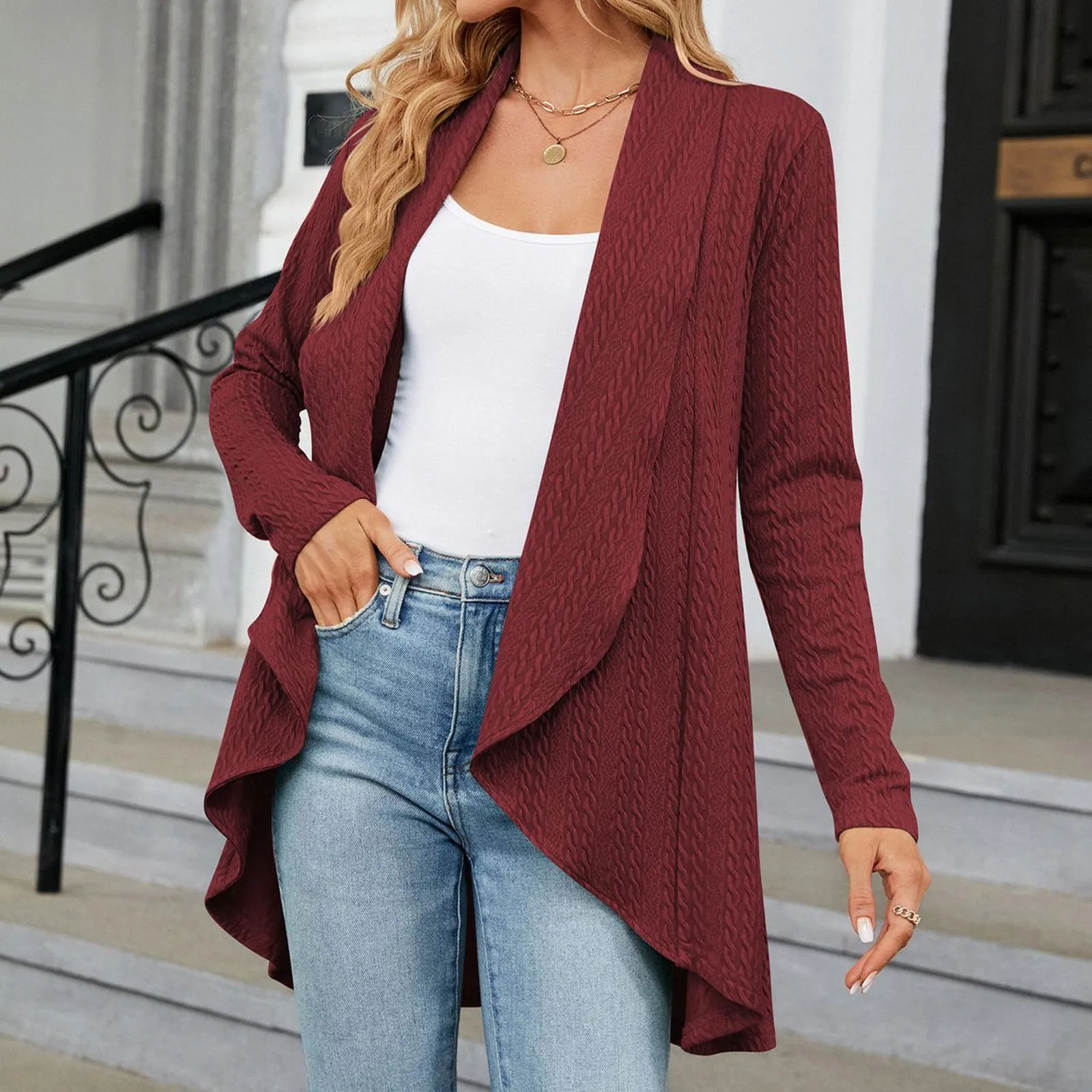 

2023 Autumn And Winter Women Elegant Fashion Cardigan Loose Long Sleeve Cardigan Temperament Solid Colour Knitted Jacket