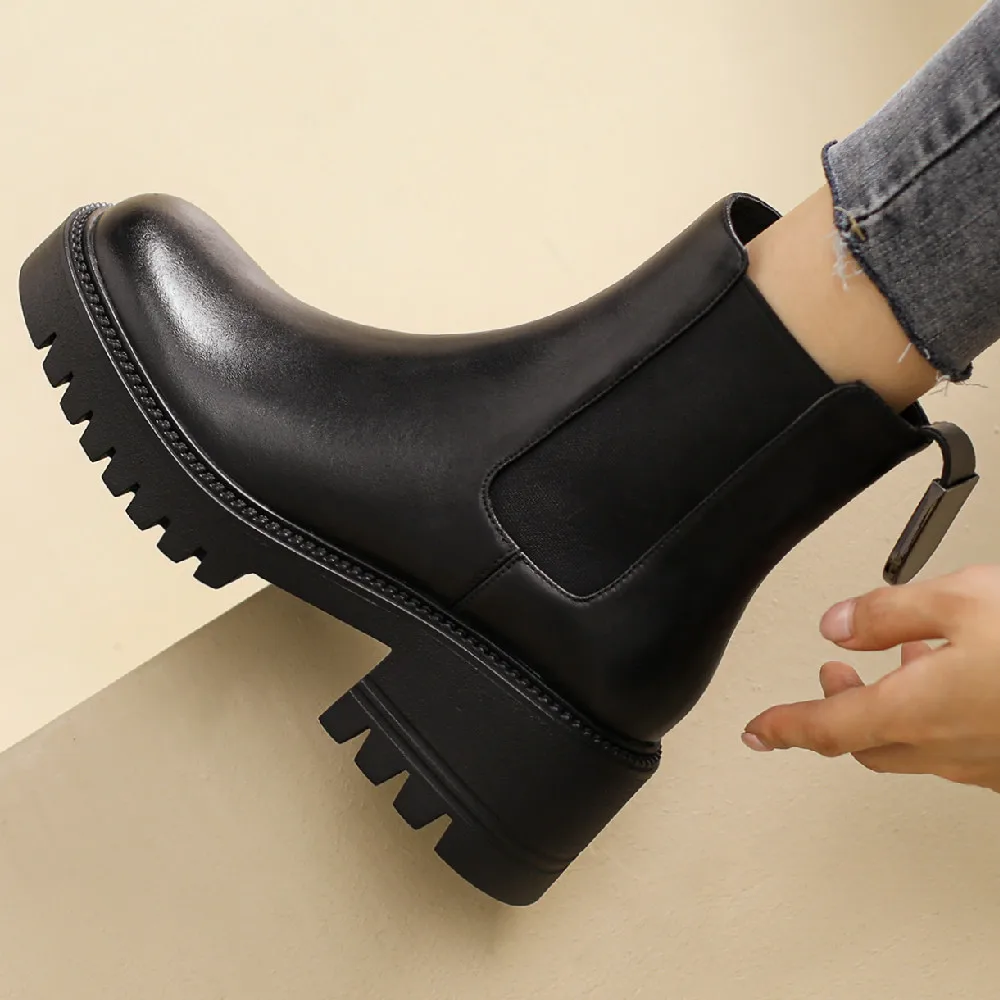 

Ботильоны женские из натуральной кожи, лоскутные эластичные, без застежки, на платформе, мягкие удобные короткие сапоги на массивном каблук...