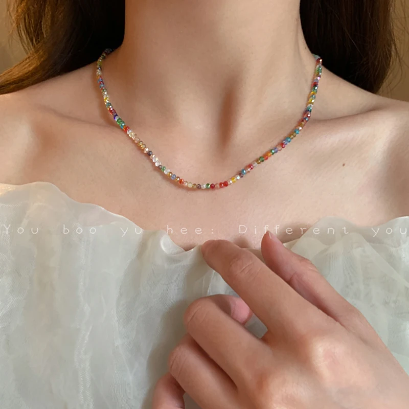

Colorful Macaron Crystal Small Flower Beaded Necklaces For Women 2022 New Korean Fashion Lovely Bohemia Chain Choker Jewelry