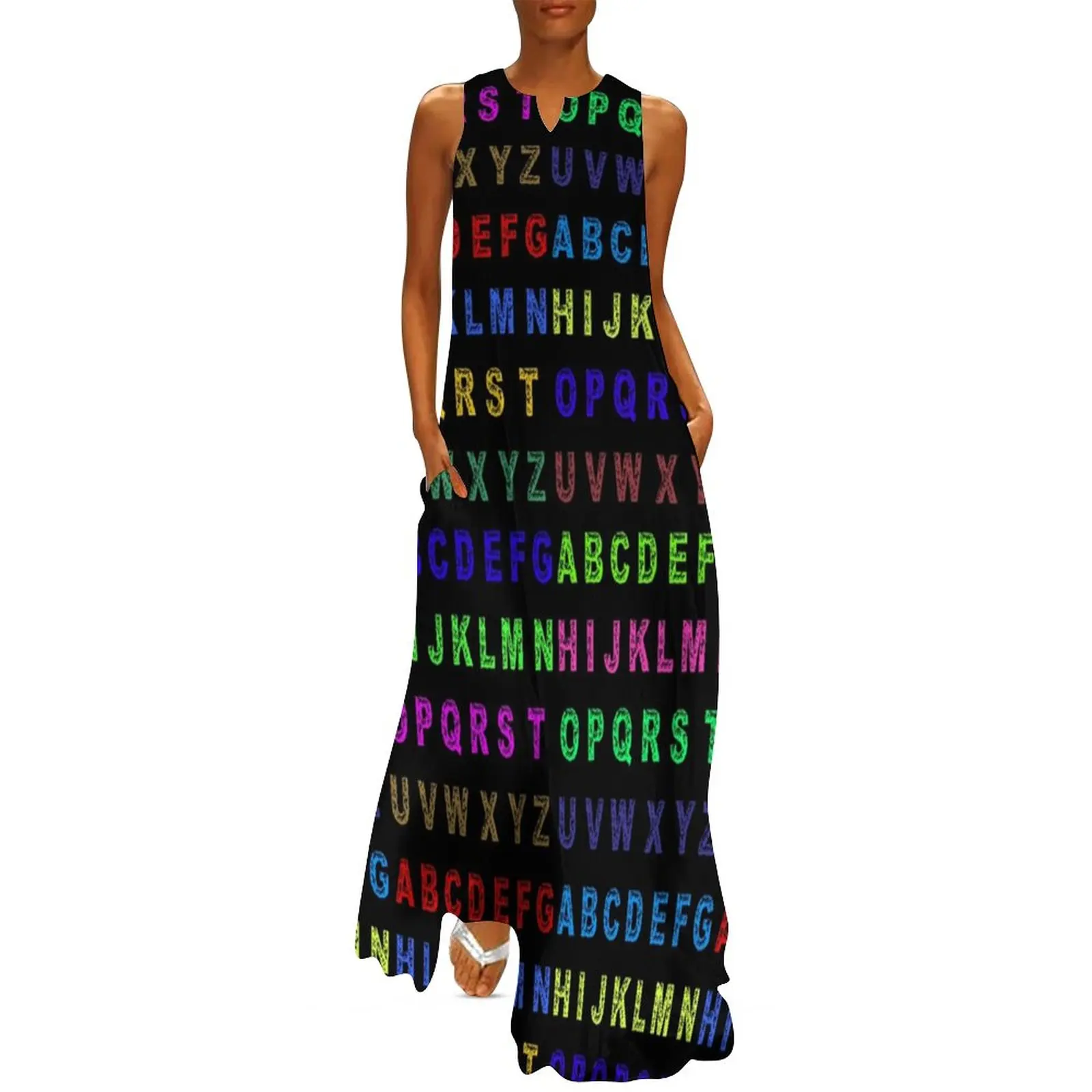 

Платье женское длинное с разноцветными абстрактными буквами, уличная одежда с принтом Aphabet в богемном стиле, модное винтажное Макси-платье, ...