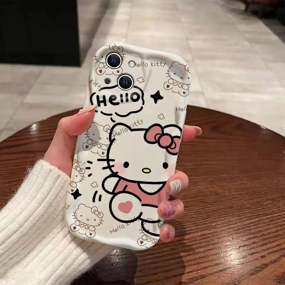 Мультяшный чехол Hello Kitty с объемными волнами для iPhone 15 14 13 12 11 Pro Max Mini X XR XSMAX 8 7 6S Plus