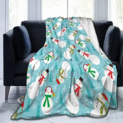 Throw Blanket Winter Theme Blanket Cute Kawaii Snowman King Queen Size for Bed Sofa Couch Super Soft Warm Snowman Fleece Flannel