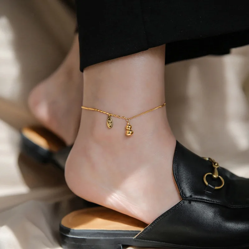 

Retro Chinese Style Anklet for Women Gold Color Facai Gourd Ankle Bracelet Make A Fortune Lucky Jewelry Summer Beach Accessories
