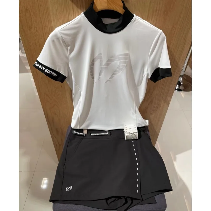 Golf women's summer stand collar short sleeve printed T-shirt side mesh breathable sweat wicking Sports Top