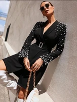 white pearls beaded women blazer evening dress deep v neck long sleeve prom party gown brithday causal special occasion wear