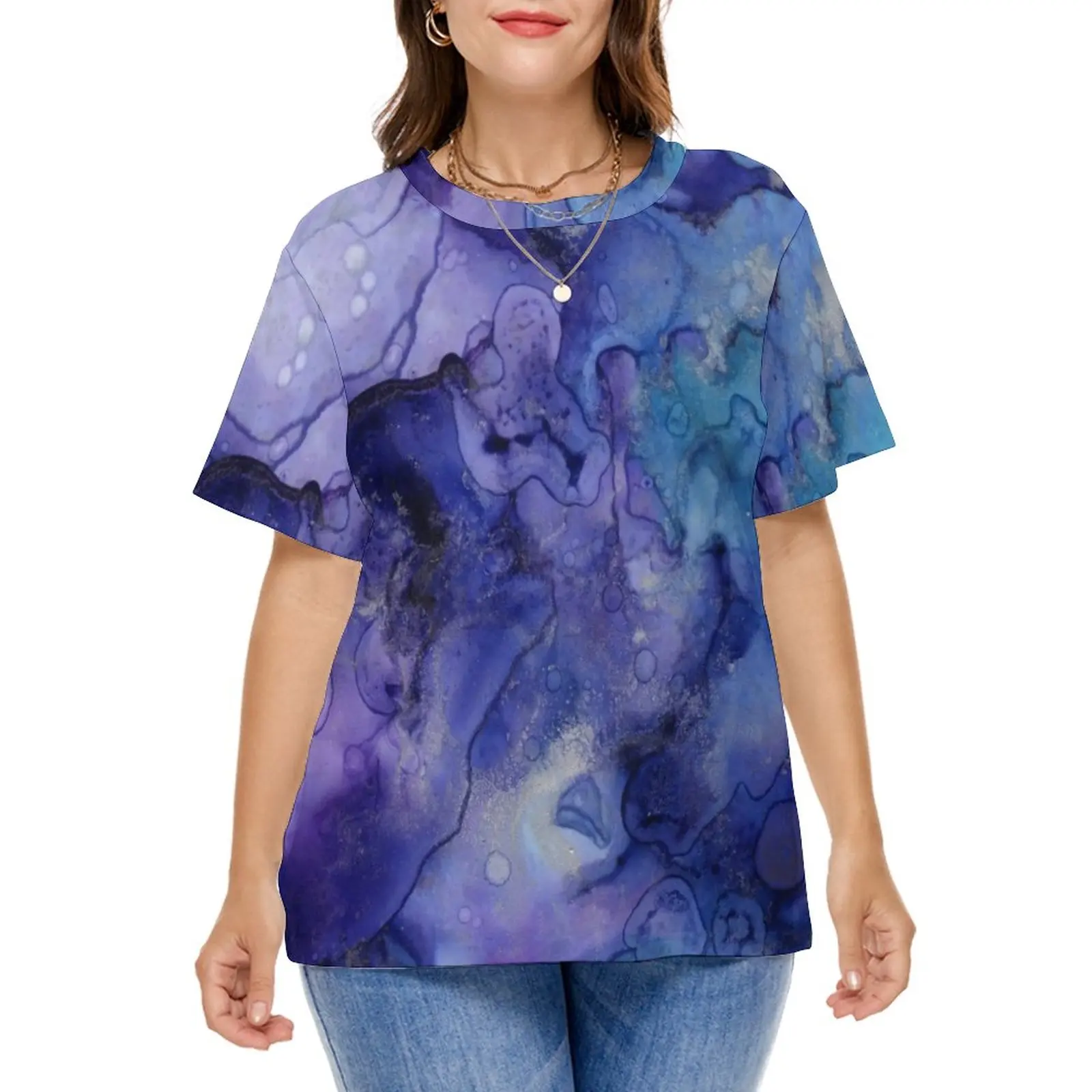 Marbled Abstract Print T-Shirt Blue and Purple Liquid Cool T Shirts Short Sleeve Tees Sexy Graphic Clothes Plus Size 4XL 5XL