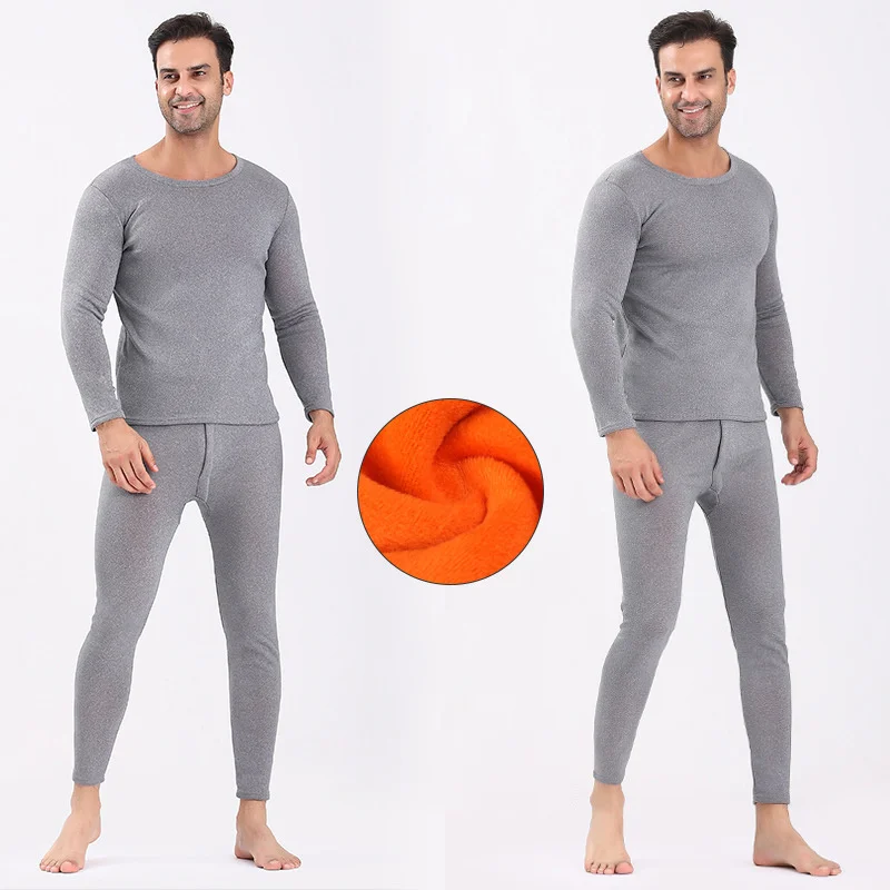 2pcs Set Underwear Winter Men's Long-sleeved Thermal Underwear Plus Velvet Padded Women T-shirt Round Neck Slim Bottoming Shirt