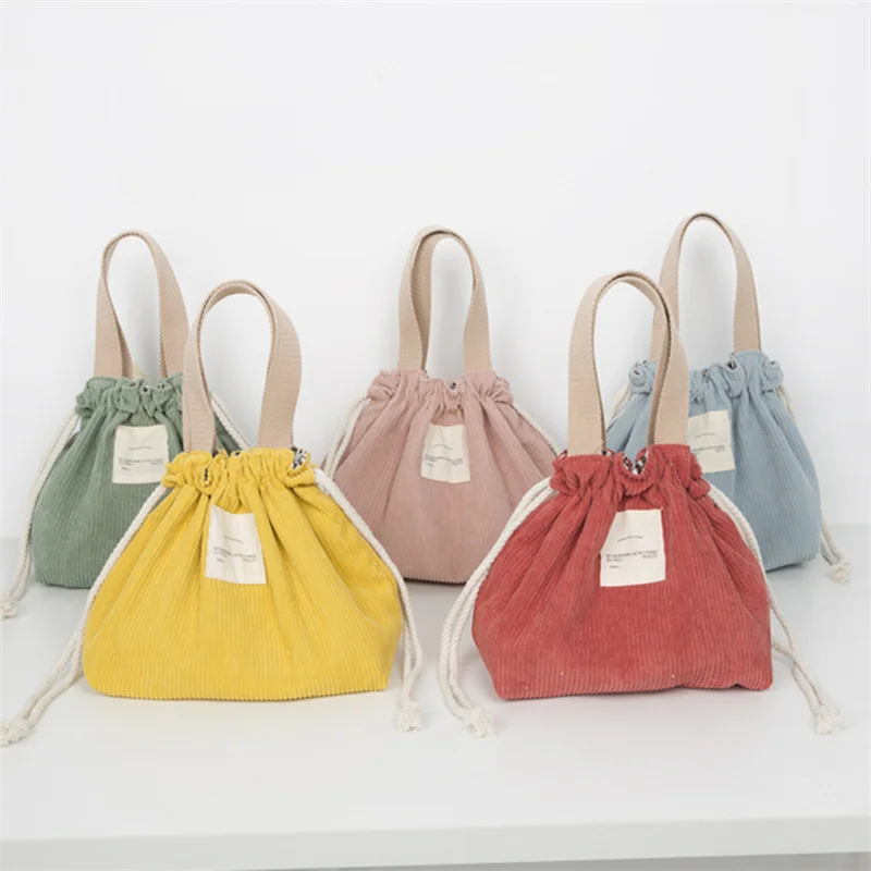 

Lunch Bag Corduroy Canvas Lunch Box Drawstring Picnic Tote Eco Cotton Cloth Small Handbag Dinner Container Food Storage Bags