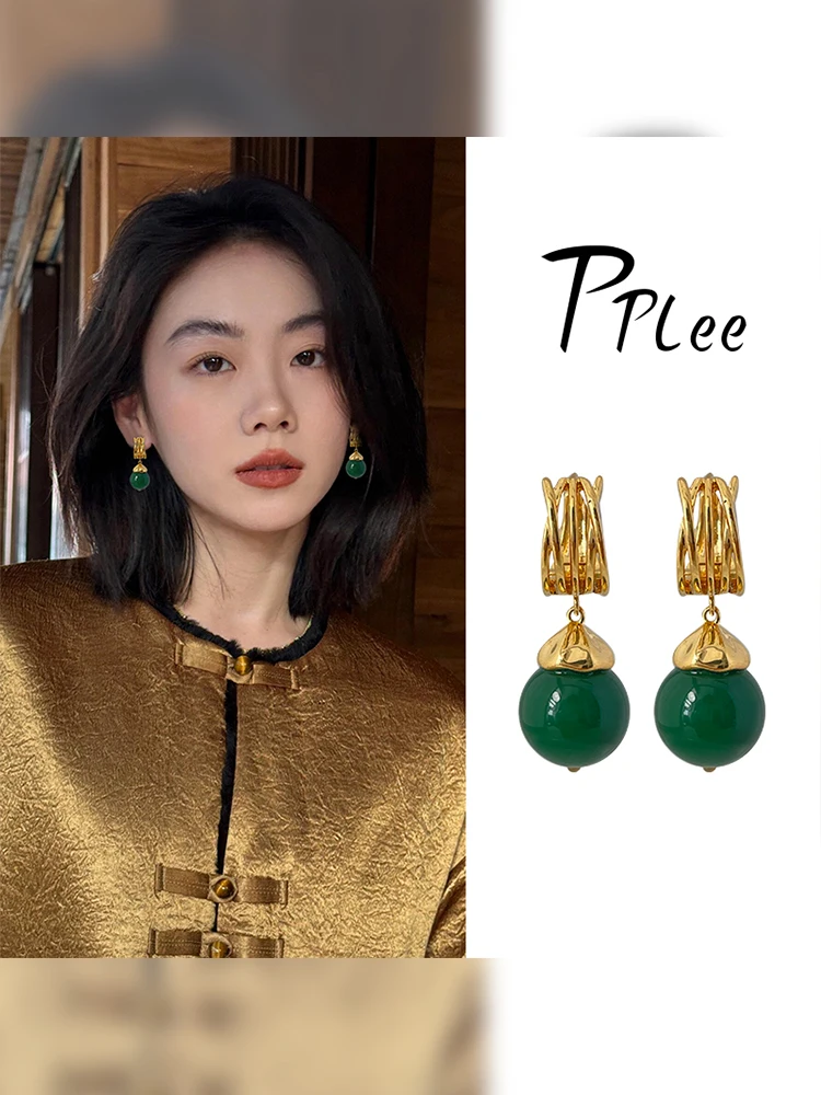 New Chinese Sle Natural Green Chalcedony Earrings National Design High-Grade Women 2024