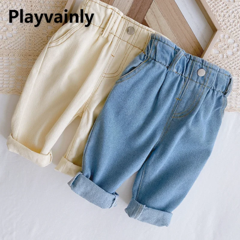 Джинсы в Корейском стиле для маленьких мальчиков и девочек на весну-осень, бежевые, синие джинсовые брюки с высокой талией, детская повседневная универсальная одежда, E1148