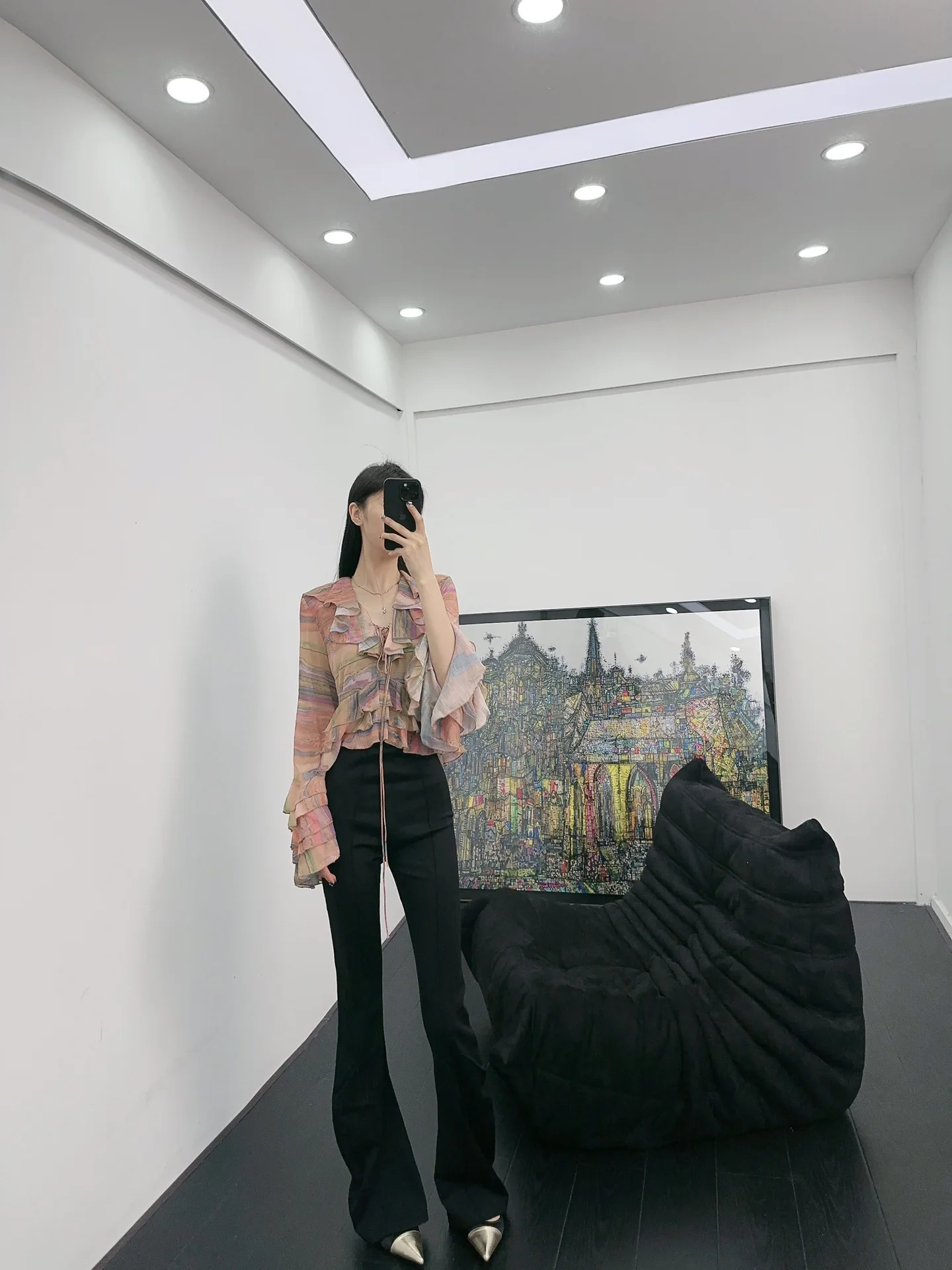 

2023 spring and summer women's clothing fashion new Ruffled Printed Top