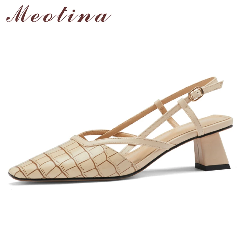 

Meotina Genuine Leather Women Slingbacks Shoes Thick Heels Pumps Pointed Toe Mid Heels Ladies Footwear Spring Apricot Brown 43