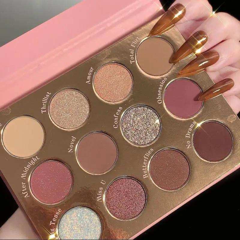 Палитра теней для век цвета земли золотая коричневая розовая серия мерцающая