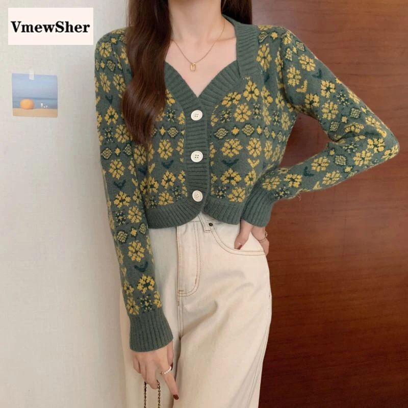 

Женский короткий вязаный кардиган VmewSher, винтажный Короткий Повседневный свитер в Корейском стиле, 2023