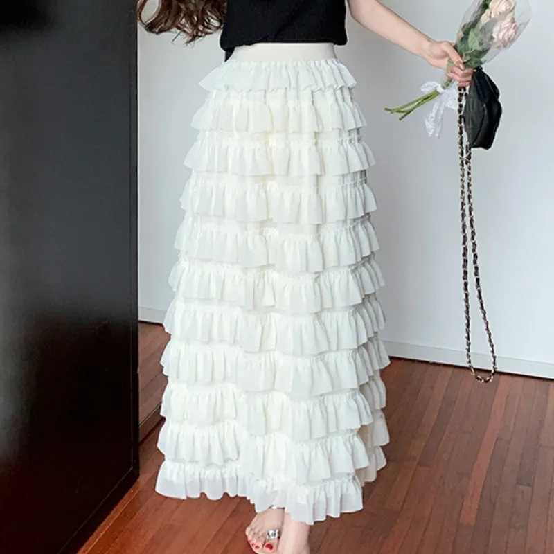 

Sweet Layered Ruffles Cake Tulle White Long Skirt Women Fashion 2022 Ladies Vintage Elastci Waist Casual Mesh Skirts Falda