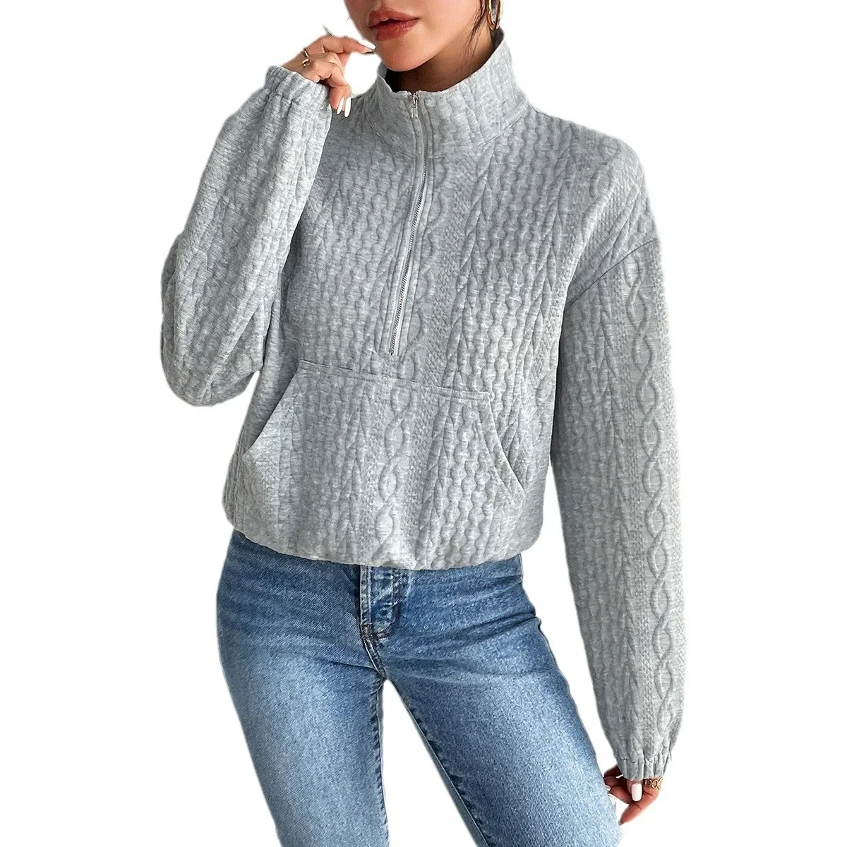 Женский Повседневный однотонный топ на молнии с длинным рукавом осень