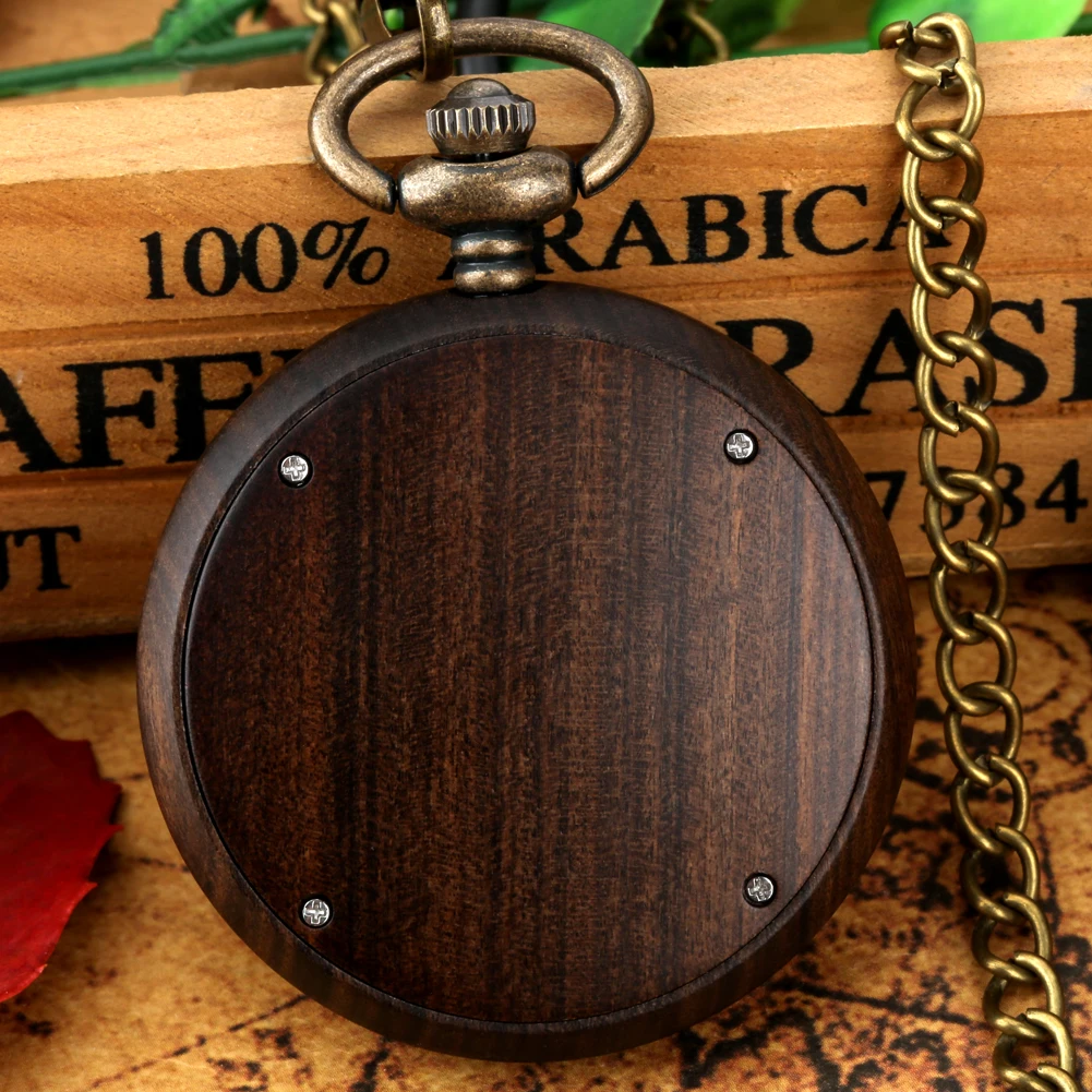 Men Vintage Quartz Pocket Watch Pendant Ebony Wooden Gifts for Men Women Roman Numeral Fob Watch Analog Clock Relógio De Bolso