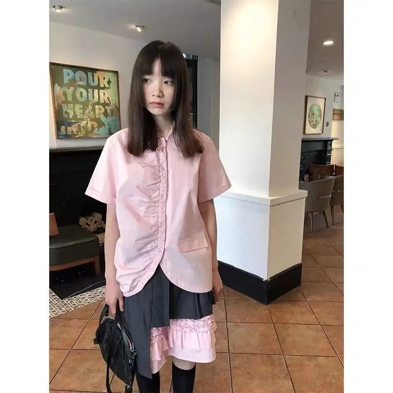 

Japanese Preppy Style Irregular Pink Short Sleeve Shirts Summer Women Turn Down Collar Camisa Folds Y2k Sweet Chemise Femme