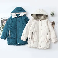 2021 thick hooded down jackets with pocket cotton long warm padded parka for female women loose casual solid color winter coats