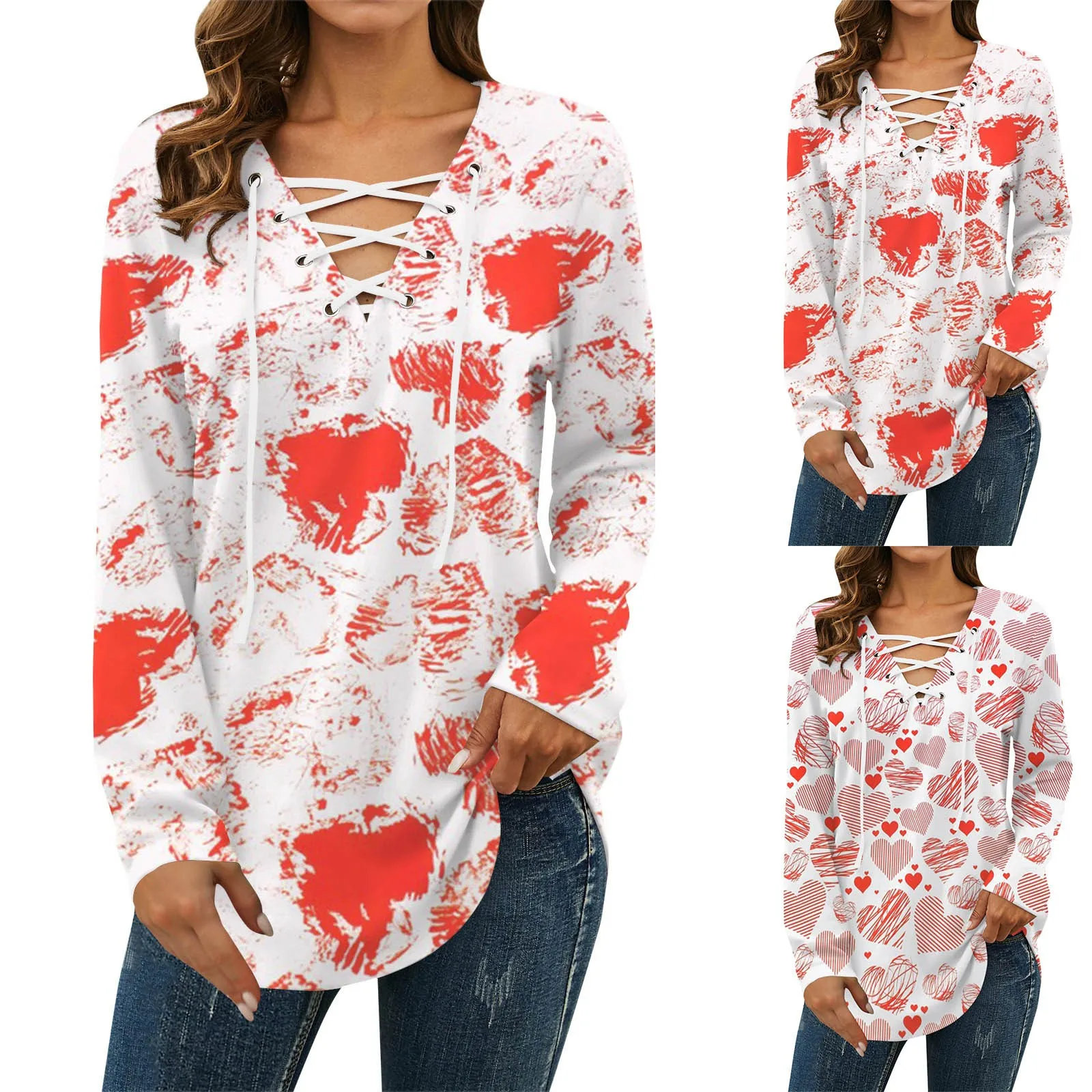 

Женские футболки с v-образным вырезом, на шнуровке, с принтом сердца, с длинными рукавами, туника, топы, свободные женские футболки с коротким...