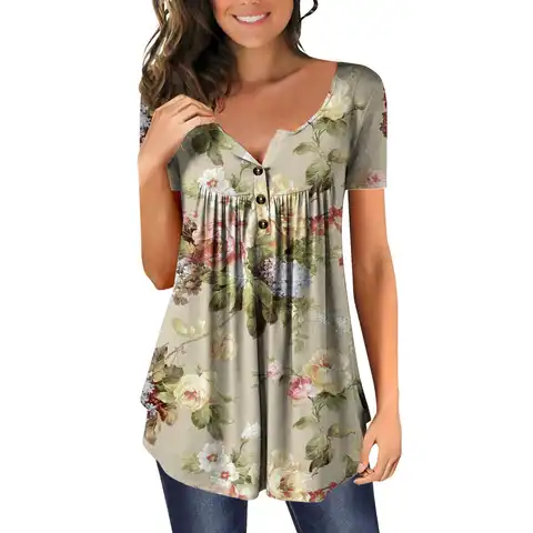 Women Tops And Blouses Elegant Short Sleeve Button Neck Flower Printed Pleated Shirt Женская Одежда Больших Размеров
