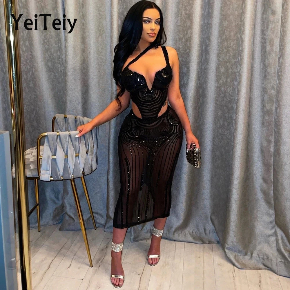 

Yeiteiy Beaded Slanted Shoulder Sling Dress 2022 Summer Sexy Open Waist Nightclub Club Black Fashion Women Clothing