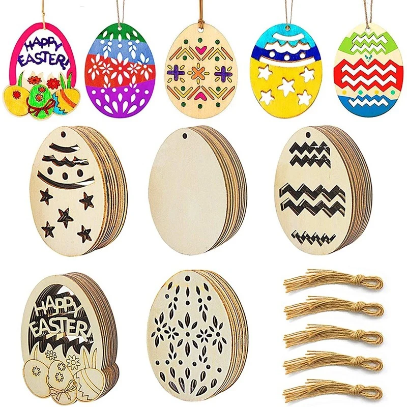 

10pcs Happy Easter Wooden Eggs With Hemp Rope Bunny Rabbit Chick Wood Craft For Home Easter Party Hanging Decor Kid DIY Painting
