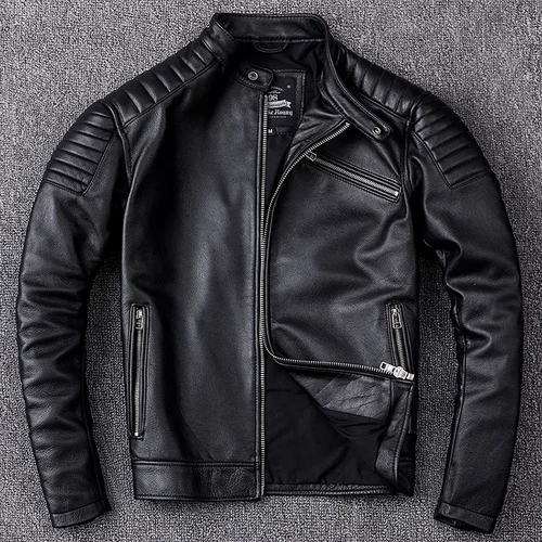 

Мужская короткая приталенная куртка, черная винтажная куртка из натуральной воловьей кожи с верхним слоем, мотоциклетная одежда для осени, ...