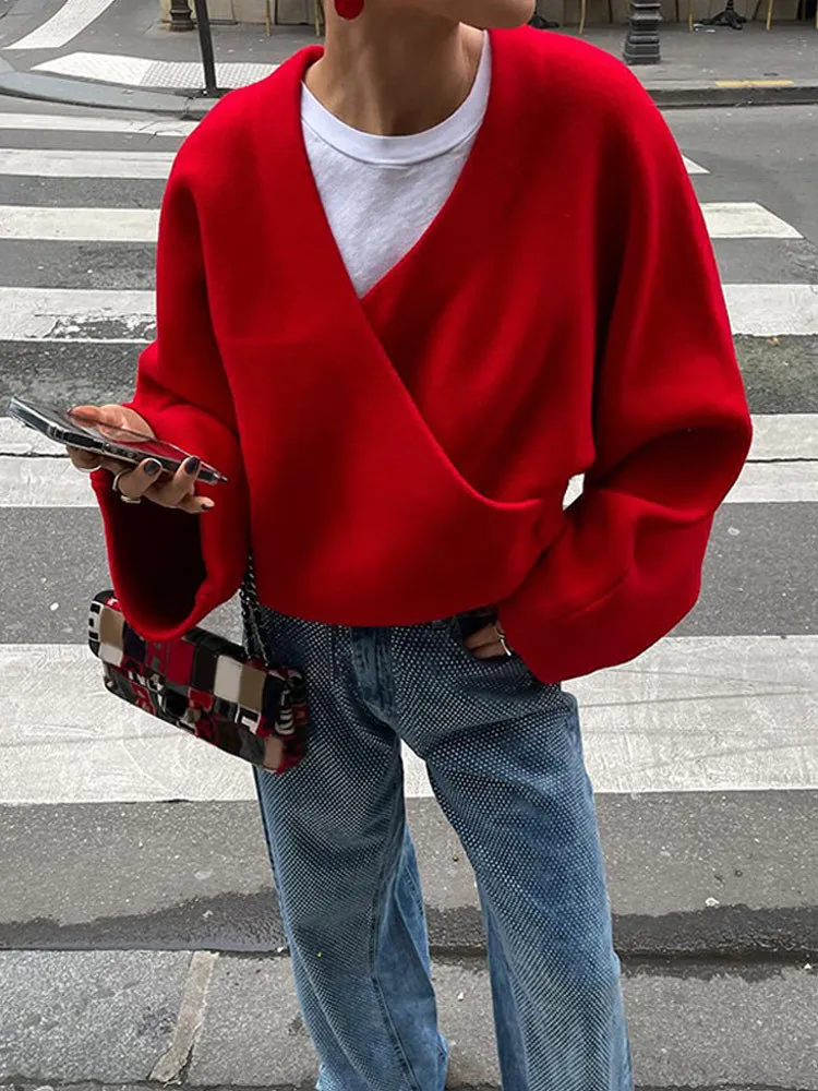 Женский свитер в стиле ретро красный Свободный пуловер с V-образным вырезом и
