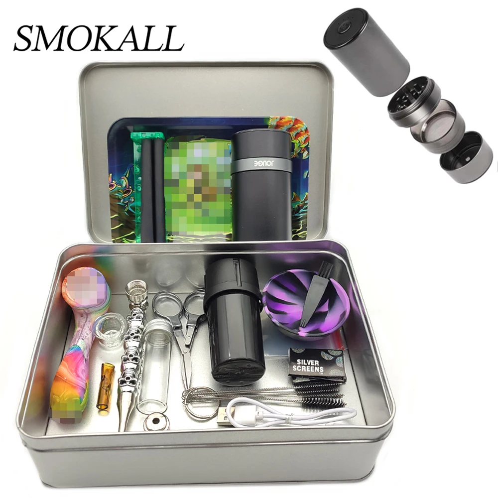 

1Set Silicone Pipe Electric Grinder Smoke Tobacco Rolling Paper Tray Scissors Clean Brush Storage Box Smoking Accessories