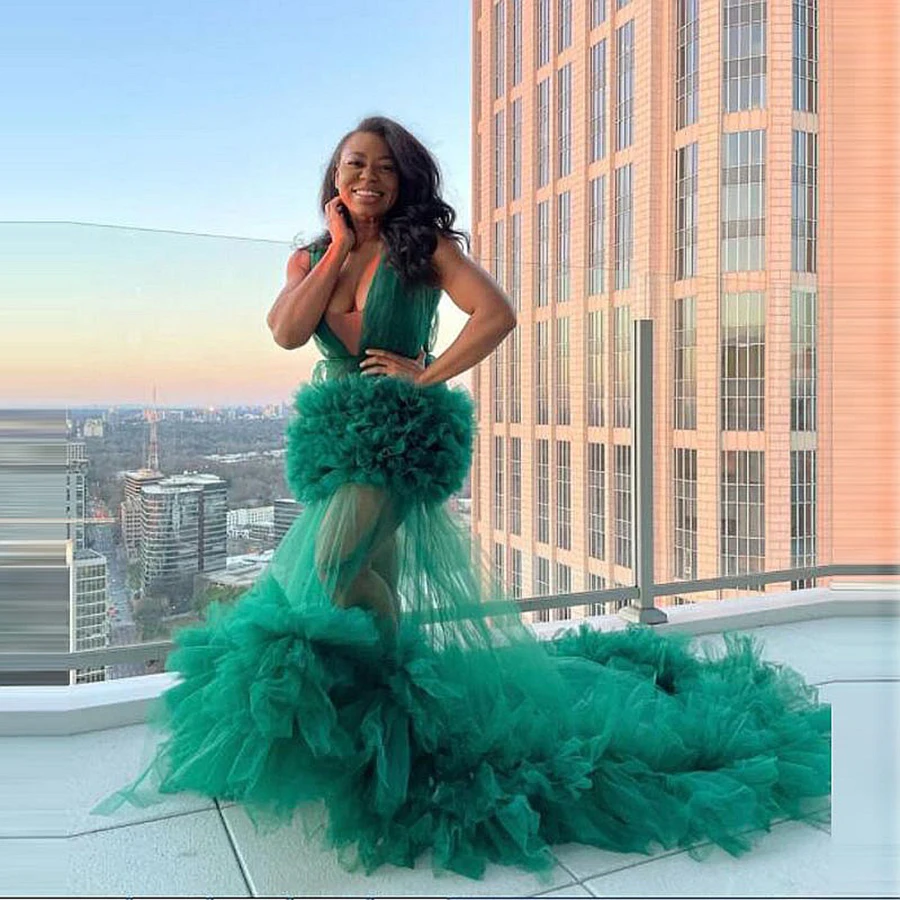 

Green See Throu Prom Dresses Ruffles Sleeveless Tulle Birthday Party Gowns Robe De Soiree Sweep Train African Women Formal Wear