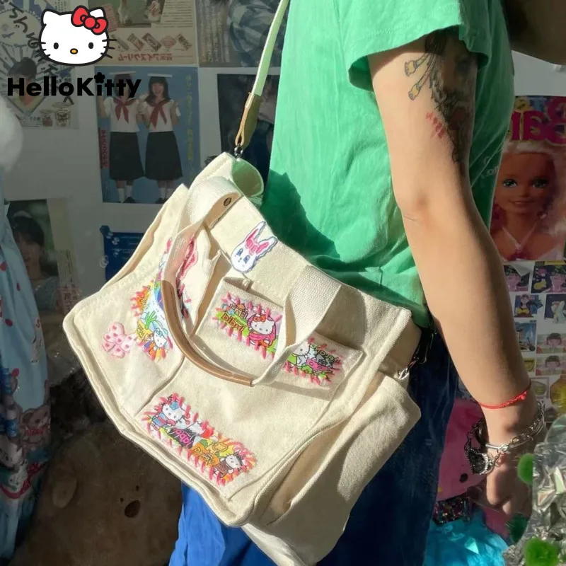 

Sanrio Hello Kitty Manual Multi-pocket Vintage Women Canvas Tote Bags Y2k New Random Kitty Pattern Stick Cloth Shoulder Bags