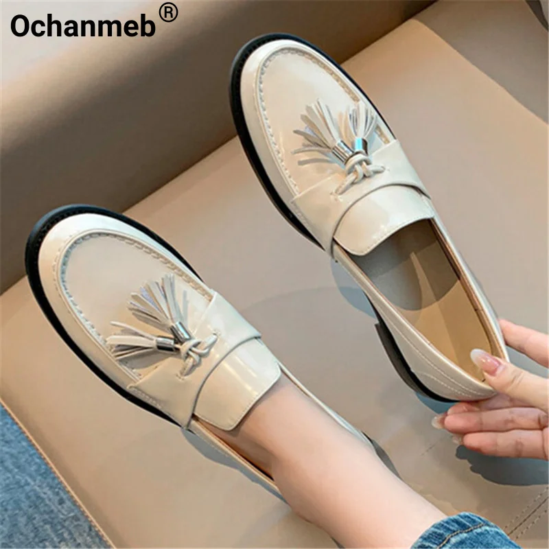 

Ochanmeb Women's Genuine Leather Loafers British College Girls Tassel Slip-ons Flat Shoes Fringe Round Toe Flats Spring 2023 New