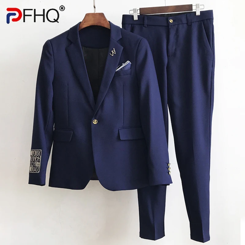 

PFHQ Autumn Men's Advanced Embroidery Suit High Quality Letter Design Two Piece Set Tide Business Pockets Chic Trousers 21Z1165