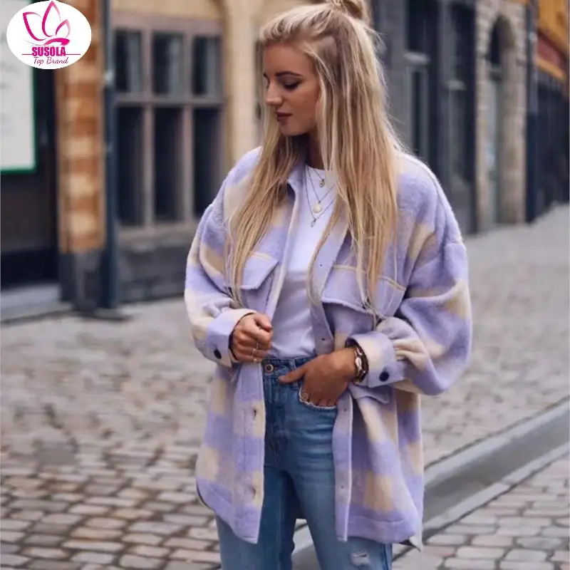 

Stylish Sweet Plaid Woolen Shirt Jackets Women Trend Pockets Turn-down Collar Check Jacket Cute Girls Chic Coat Streetwear y2k