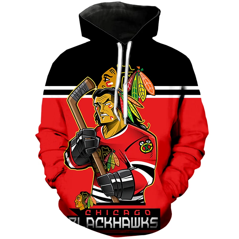 

Chicago moda masculina 3d moletom com capuz preto vermelho costura personagem dos desenhos animados impressão blackhawks legal a