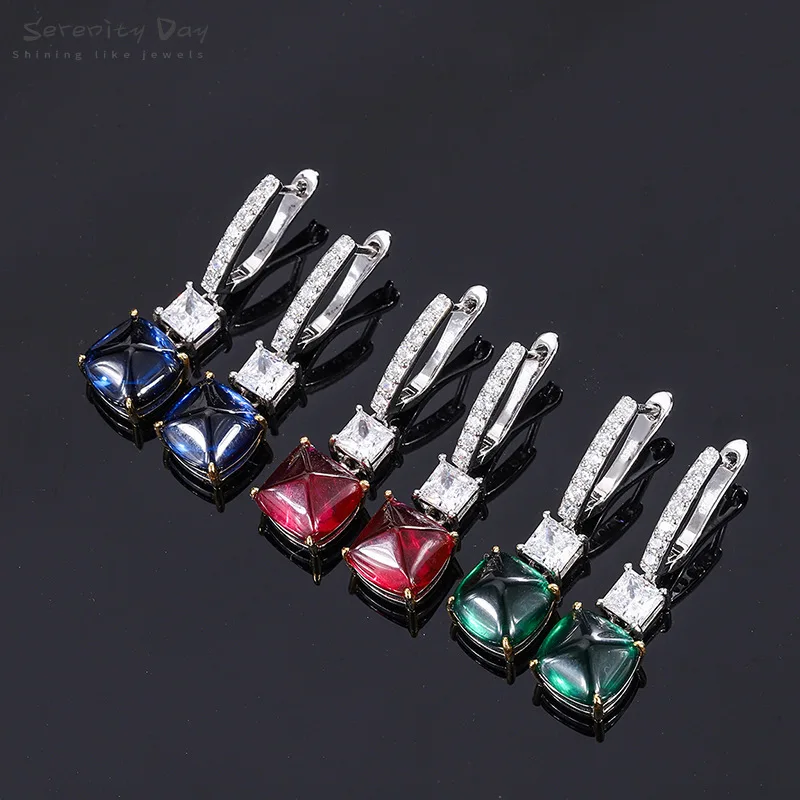 

Serenity Day Real S925 Sterling Silver 10*10mm Lab Sapphire Ruby Emerald Gem Long Earrings for Women Vintage Fine Jewelry Gifts