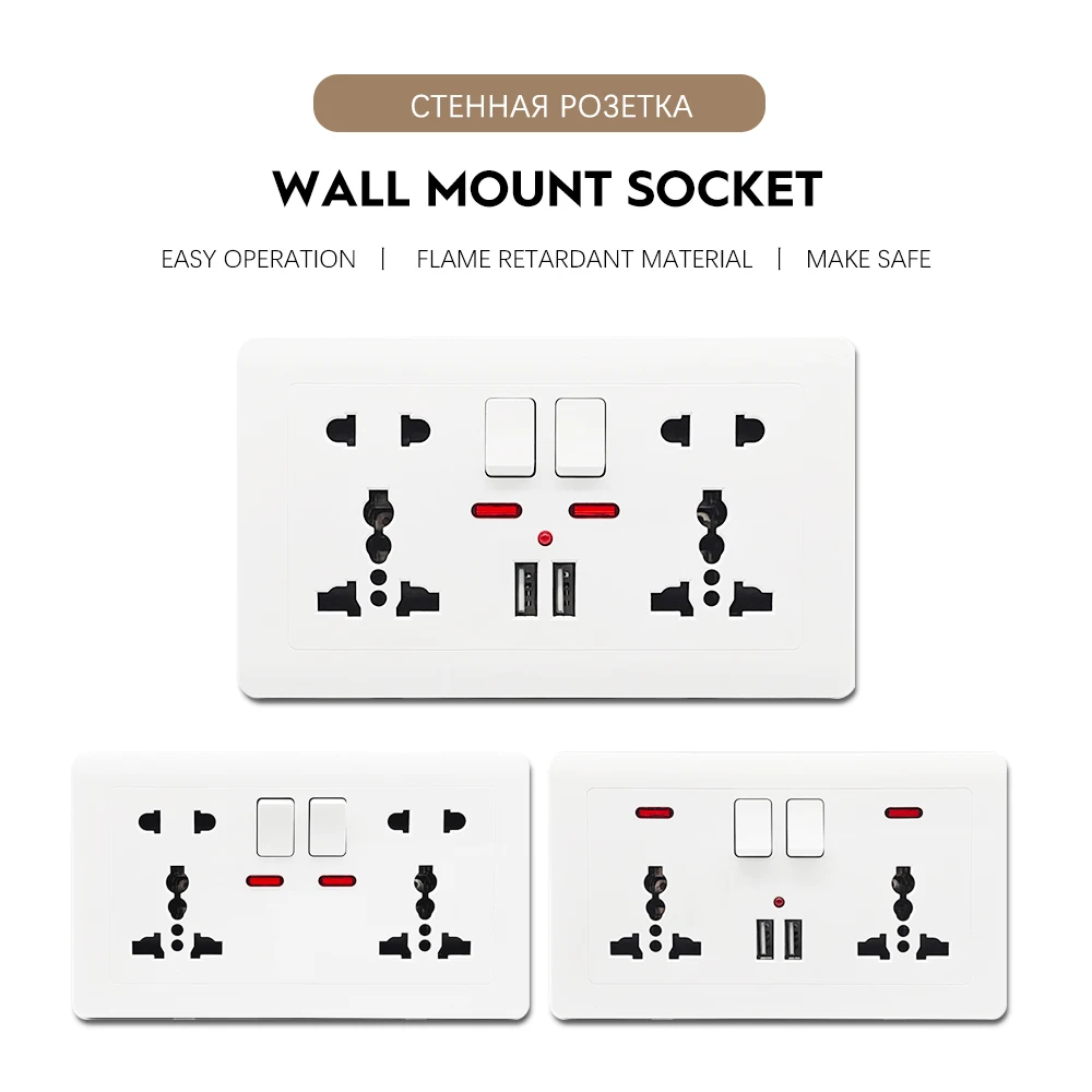 

Universal Wall socket 128type 5 Hole 13A Universal Socket With 2.1A Dual USB Wall Power Socket Bedroom AC110V-250V Wall Embedded