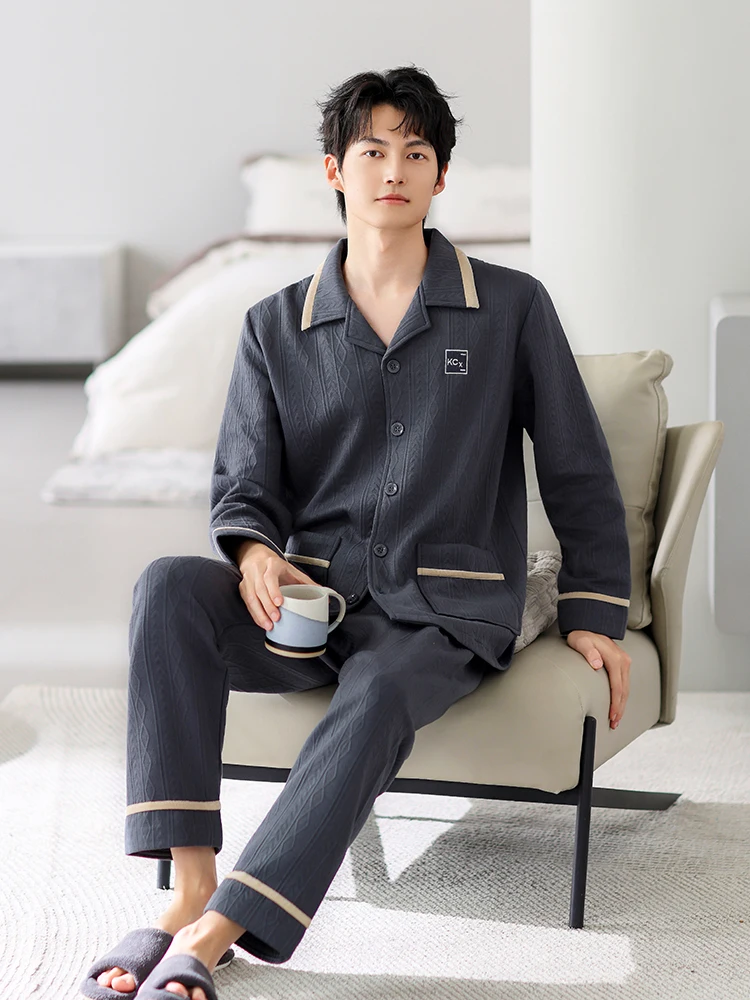 Пижамы из воздушного хлопка мужские весенне-осенние утепленные хлопковые пижамы