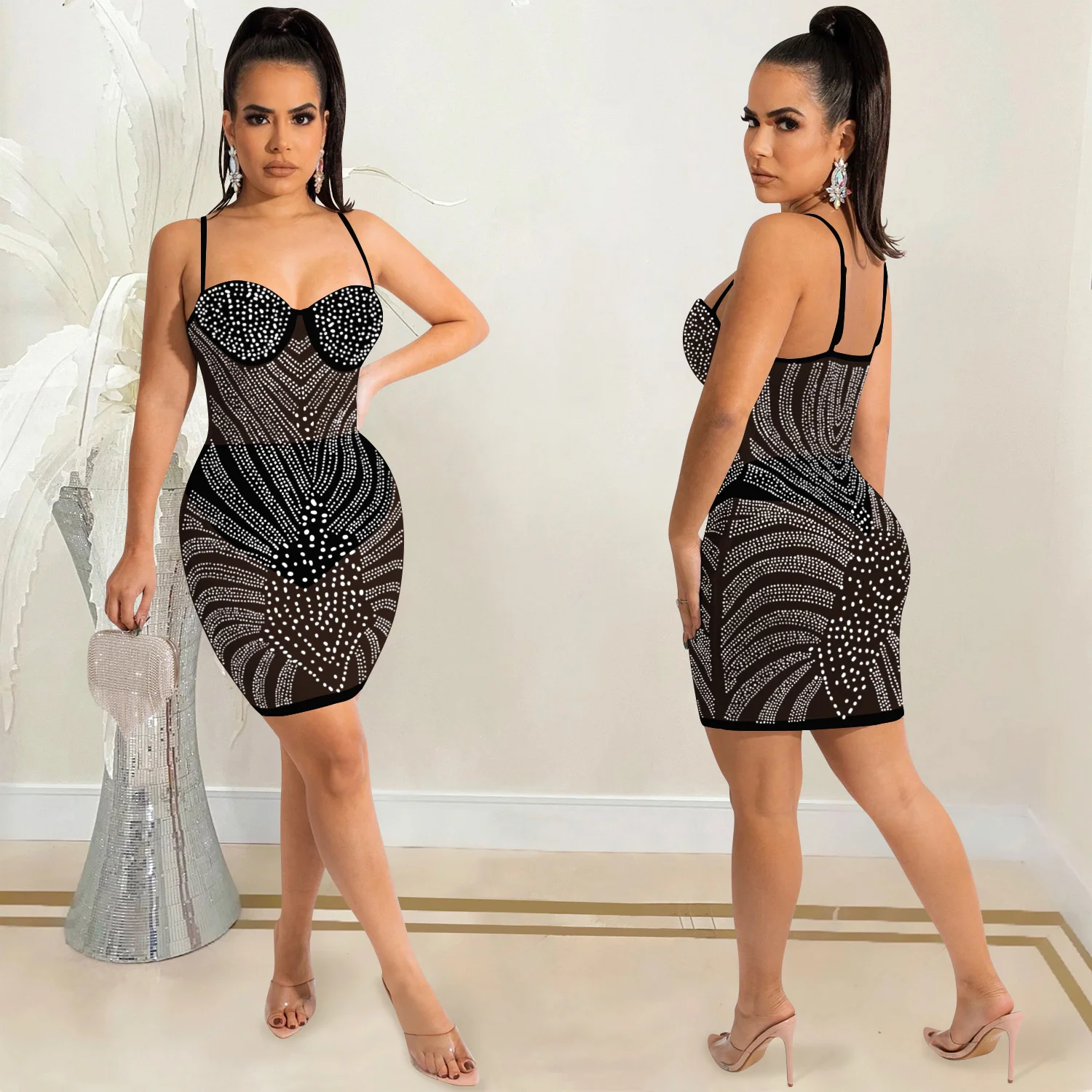 

Хит продаж, элегантное Сетчатое мини-платье со стразами, сексуальное вечернее платье на бретелях без рукавов, женская одежда вечерние женск...