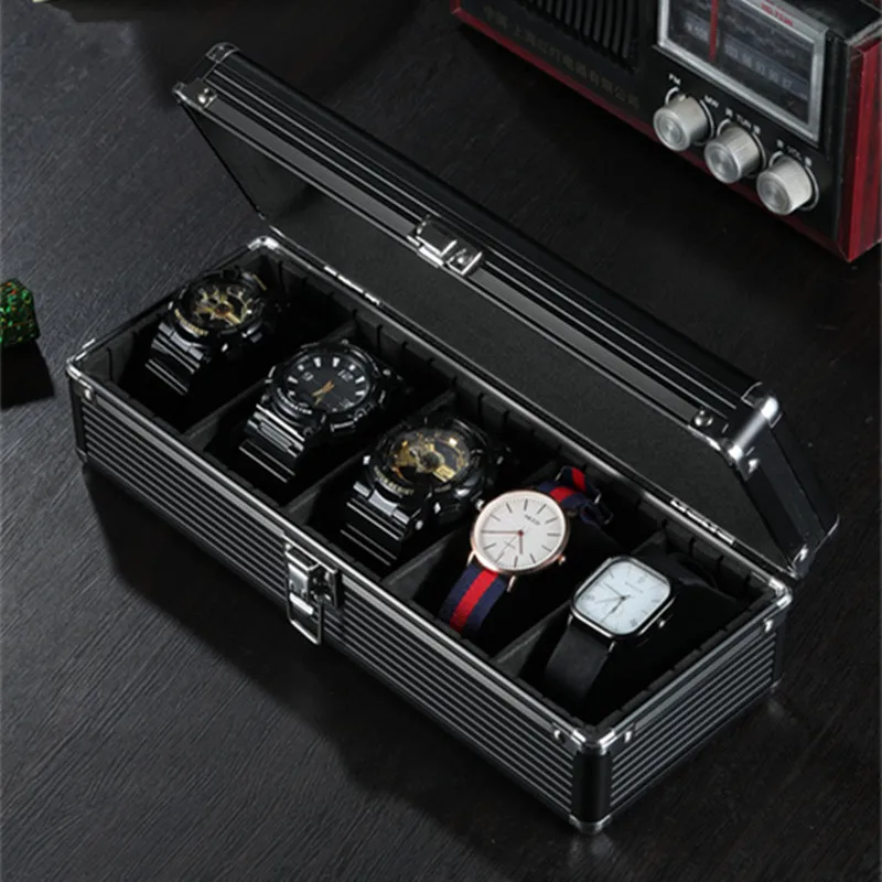 

Watch Box Aluminium Alloy Watch Case with Lock Metal Fall Protection Material Portable Velvet Luxurious Watches Organizer 5 Seat