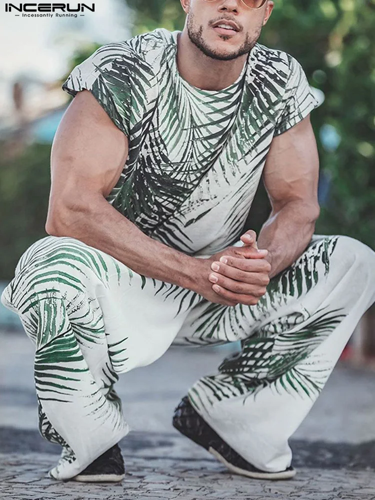

INCERUN Summer Men Sets Printing O-neck Short Sleeve T Shirt & Zipper Pants Two Pieces Sets Streetwear 2022 Vacation Men Suits