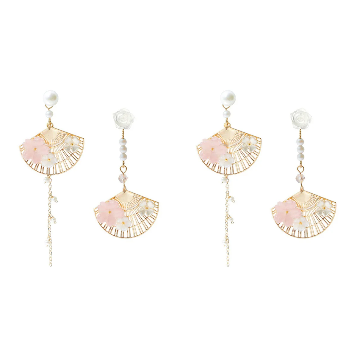 

2 Pairs Fan Shaped Drop Earrings Pearls Long Earrings Creative Women Ear Jewelry