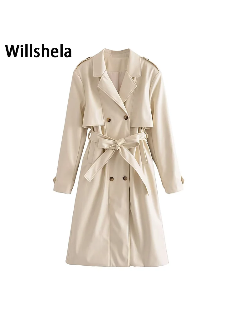 

Willshela Women Fashion With Belt Solid Double Breasted Trench Coat Vintage Long Sleeves Notched Neck Windbreaker Female Outfits