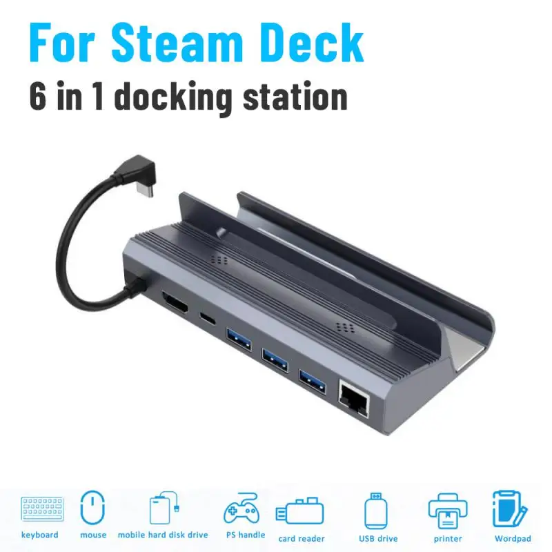 

6 In 1 Docking Station For Steam Deck Dock TV Base Stand USB C To 4K@60Hz 1000M RJ45 PD USB 3.0 HUB Laptop Accessories