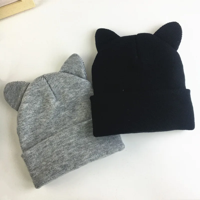 

Autumn Women's Cat Ears Beanies Skullies Lovely Winter Warm Solid Knitted Hat for Girls Fashion Casual Ear Warmer Wool Caps