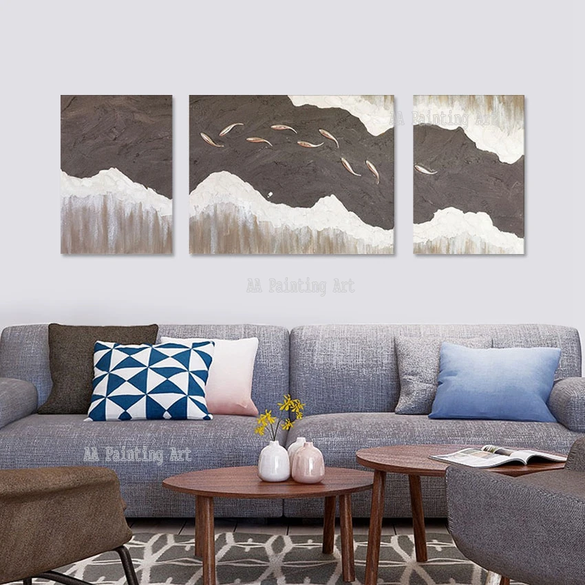 

3PCS Group Abstract Black White Large Size Oil Painting 100% Hand Painted 3 Pieces Texture Gold Fishes Wall Art Picture