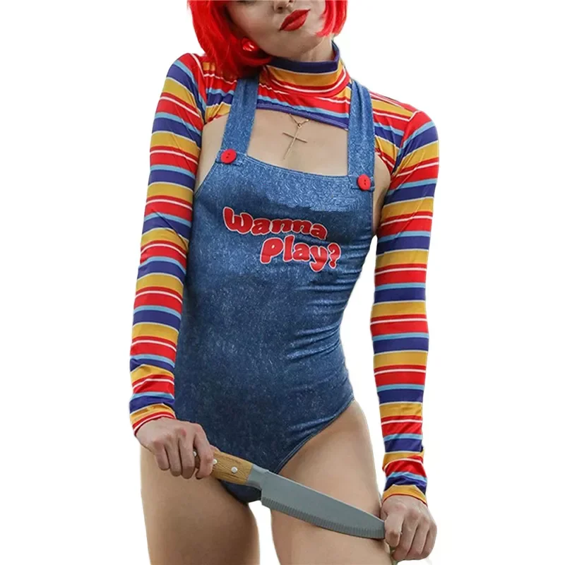

Xingqing Halloween Costumes for Women Scary Nightmare Killer Doll Wanna Play Movie Character Bodysuit Chucky Doll Costume Set