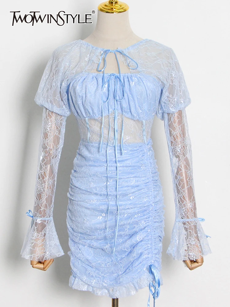 

Женское кружевное платье TWOTWINSTYLE, однотонное мини-платье с круглым вырезом, длинными рукавами и высокой талией, новинка